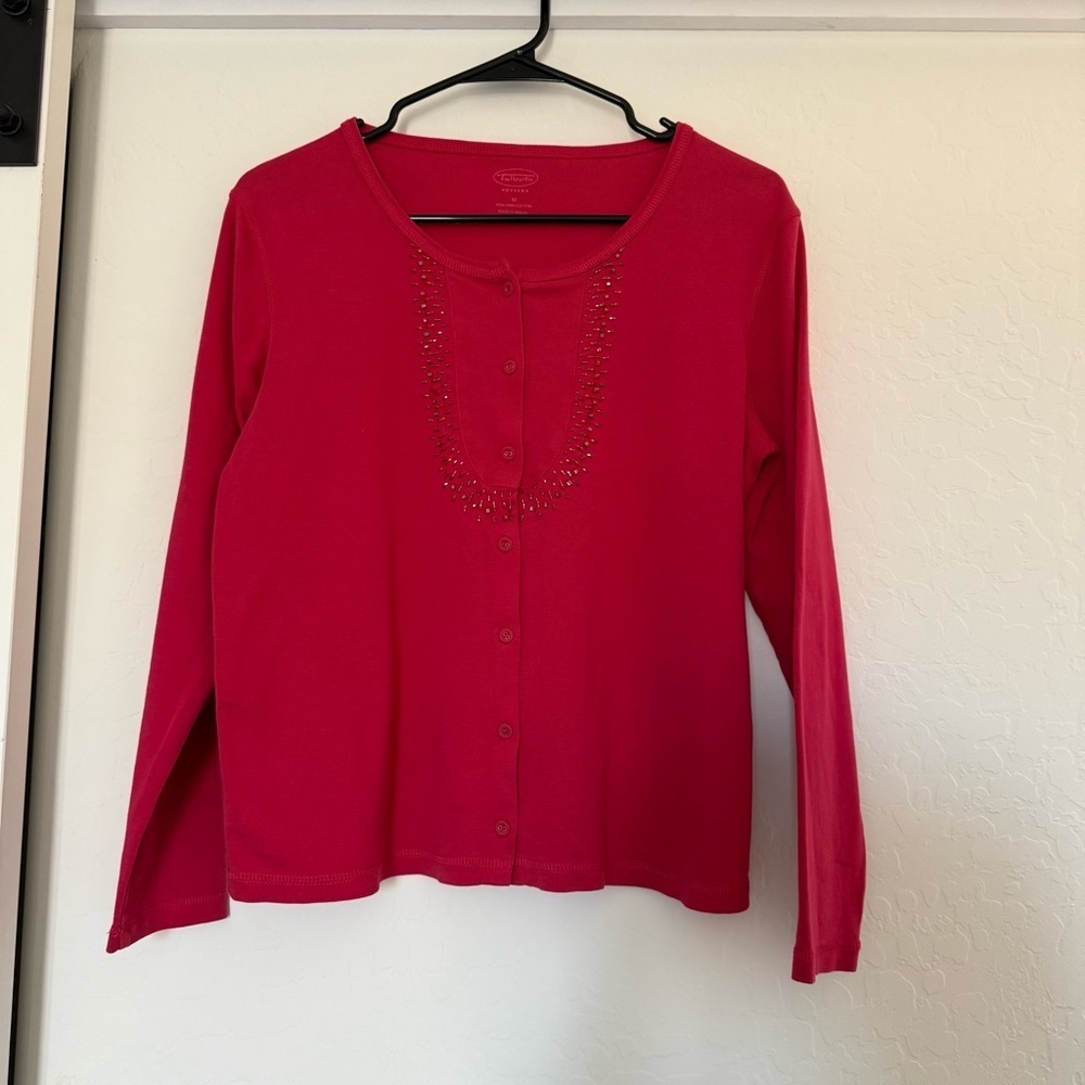 Vintage Talbots Red Button Down Blouse Cardigan Shirt Beaded 90s Granny Y2k